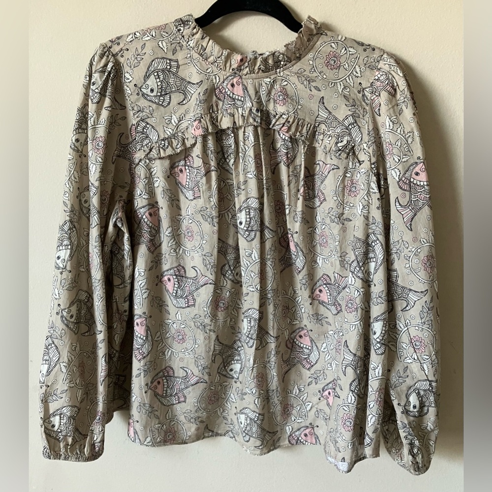 LET ME BE  Cotton Fish Pattern Beige Long Sleeve Top